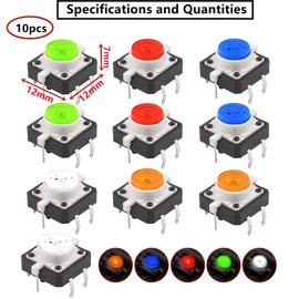 HUAZIZ LED Push Button Switch 12 mm x 12 mm x 7 mm Micro Button Micro Switch Tactile Push Button Mini Push Button Switch Pack of 10
