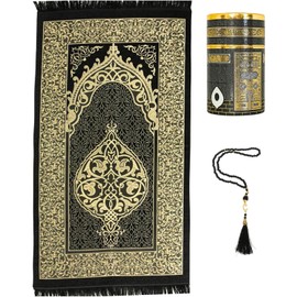 Prien Muslim Prayer Rug With Tasbih For Islamic Gifts, Portable Islam Gift Box, Ramadan Set For Women & Men, Sajadah, Elegant Turkish Carpet Bag, Soft Praying Mats For Eid (Black-1)
