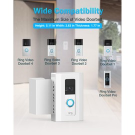 Doorbell Mount Anti-Theft for Ring Doorbell 4/ 3/ 2/ 1, No Drill Adjustable Video Doorbell Holder for Home Apartment Office Room, Waterproof Stainless Steel Aluminum Made, White