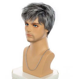 AIYLMZ Short Mixed Grey Straight Synthetic Wigs for Young Men with Bangs Hair Toupee for Men Natural Stylish Fluffy Layered Wigs Men's Hairpieces (Mixed Grey)