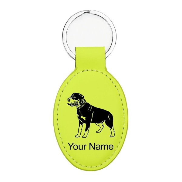 LaserGram Oval Keychain, Rottweiler Dog, Personalized Engraving Included (Neon Green)