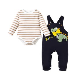 UUAISSO Baby Clothes for Boys Long Sleeve Striped Top Dinosaur Print Jumpsuit Adjustable Suspenders, brown
