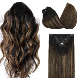 DOORES Clip in Hair Extensions Human Hair Extensions, Balayage Natural Black to Chestnut Brown 16 Inch 7pcs 120g Real Hair Extensions Straight Thick Natural Human Hair Extensions