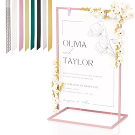 Wedding Welcome Sign Stand, 50”x30”x 20” Heavy Duty Easel Stand for Sign with 8 Pair Satin Ribbon & 2 Leather Strap, Welcome to Our Wedding Sign Holder, Metal Floor Standing Easels for Signs, Poster (Pink)