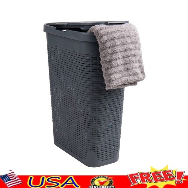 Slim Laundry Hamper Plastic Clothes Basket W/ Lid Portable Storage