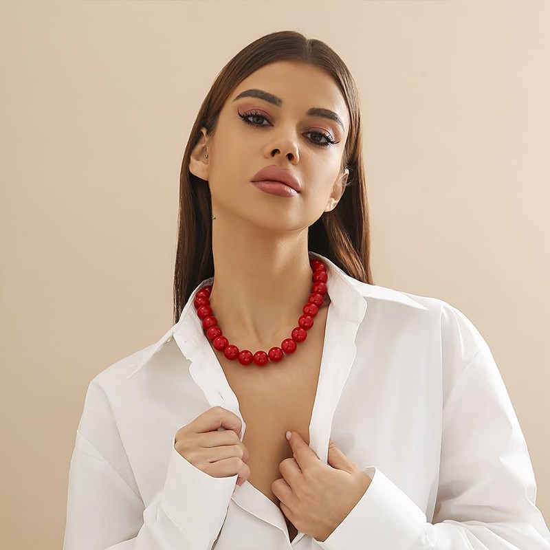 Gargantilla grande con abalorio rojas para mujer, clásico de perlas