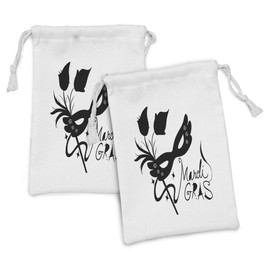 Ambesonne Mardi Gras Fabric Pouch Set of 2, Classical with Flowers Feathers Calligraphy Star Silhouettes, Small Drawstring Bag for Toiletries Masks and Favors, 9" x 6", Black and White