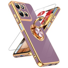 LeYi for Moto-G-5G-2025 Case: 【𝐍𝐨𝐭 𝐅𝐢𝐭 𝐆 𝐏𝐨𝐰𝐞𝐫 𝟐𝟎𝟐𝟓】 1 Pack Tempered Glass Screen Protector and 360° Rotatable Ring Holder Magnetic Kickstand, Plating Rose Gold Edge Case, Purple