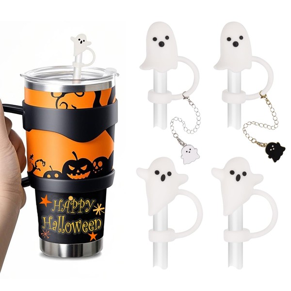 VEYLIN 4Pcs Cute Ghost Straw Covers Cap and 2Pcs Ghost