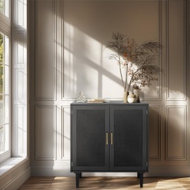 Finnhomy Finnhomy Sideboard Buffet Kitchen Storage Cabinet with Black Painted Rattan Decorated Doors, Dining Room, Hallway, Cupboard Console Table, Liquor/Accent Cabinet, 31.5X 15.8X 34.6 Inches, Black