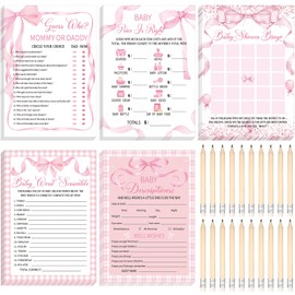 Meooeck 145 Pieces Baby Shower 5 Games Set Baby Shower Games Activities with 20 Pencils for Girls Boys Include Descriptions, Wishes, Guess Who, Bingo Activities (Pink Bow)