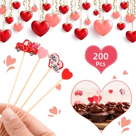 Funtery 200 Pcs Valentine's Day Cocktail Picks Assorted Red Pink Hearts Red Truck with Heart Bamboo Toothpicks for Drink Fruit Dessert Food Appetizers Decoration