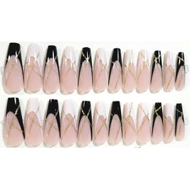 Formal Party Glam Sparkle French Manicure Glossy Long Coffin Press On Nails - 24 Pieces - Artificial Nails