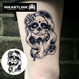 INKARTLINK Tattoo Tech, 2 Sheets Medium Semi Permanent Tattoo, Adult Art Design Temporary Tattoos, Lasts 1-2 Weeks, Waterproof, Realistic Look, No Reflection (Sugar Skull Woman)