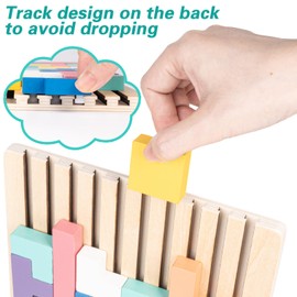 VORHOT Tetris Wooden Game, Wooden Tetris Montessori Toy from 3 4 5 Years, Wooden Puzzle Stacking Stones Children's Educational Toy Wooden Toy, Brain Toy with 10 Cards, Gift for Boys Girls