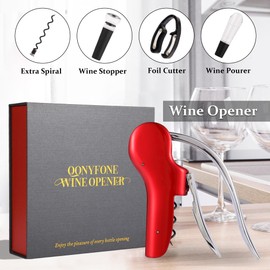 QONYFONE Wine Bottle Corkscrew Opener, Vertical Lever Corkscrew 5-Piece Set, Manual Vertical Design, Includes Wine Foil Cutter, Extra Spiral, Wine Pourer and Wine Stopper, Elegant Gift Box, Red