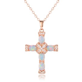 Barzel Barzel 18K Rose Gold Plated Created Opal Cross Necklace Pendant, 18 Inches with 2 Inches Extension (Rose Gold)