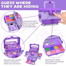 54 Pcs Kids Makeup Kit for Girls, Princess Real Washable Pretend Play Cosmetic Set Toys with Mirror, Birthday Gifts for 3 4 5 6 7 8 9 10 Years Old Girls Kids (Purple)