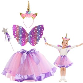 HomeChi Disfraz de Unicornio para Niñas, Conjunto Tutú Arco Iris Incluye Diadema, Varita Hada y Alas Mariposa, Regalo de Cumpleaños Disfraz Tutú para Niñas de 3 a 9 años
