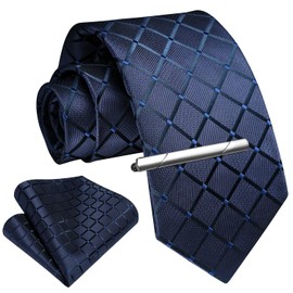 Enlision Tie Men Navy Blue Ties and Pocket Square Set Plaid Check Ties For Men With Tie Clip Business Formal Wedding Necktie Handkerchief Tie Pin Gift Sets,Navy Blue