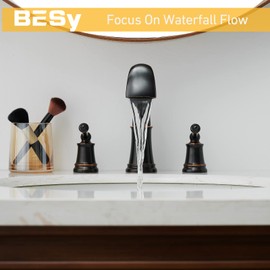 BESy Widespread 8 inch Oil Rubbed Bronze Bathroom Faucet, Two Handles 3 Holes Sink Faucet Waterfall Spout Lavatory Basin Faucets, Vanity Bathroom Sink Faucet with Supply cUPC Lines