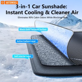 AUTOWOEL Car Sun Shade for Windshield - Triple-Layer Activated Carbon Sunshade with UV Protection, 15°C Cooling & Odor Eliminator, Anti-Wrinkle Foldable Design Fits 95% Cars (Black-Gradient) (Medium)