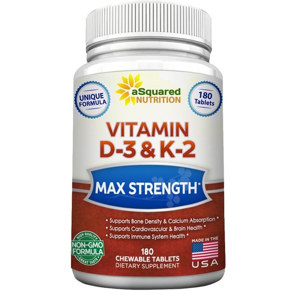 aSquared Nutrition Vitamin D3 with K2 Supplement-180 Chewable Tablets, Max Strength D-3 Cholecalciferol & K-2 MK7 to Support Healthy Bones, Teeth, Heart -Antioxidant D3 & K2 MK-7 Energy Formula Adults