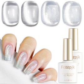Fcozpjk Glassy Clear Cat Eye Gel Nail Polish, 2Pcs Silver Glitter Silk Cat Eye Magnetic Gel Polish Holographic Reflective Velvet Design Shimmer Translucent Jelly Color Polish Salon Home Manicure 8ML