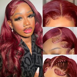Sterly 24 Inch 99j Burgundy Lace Front Wigs Human Hair 250% Density 13x6 Body Wave Lace Frontal Wigs Human Hair Pre Plucked Glueless Red Wig Lace Front Wigs Human Hair Wigs for Women