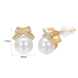 Vogem White Pearl Stud Earrings for Women White Round Cultured Pearl 10mm Ear Studs 18ct Gold Plated Valentines Anniversary Present