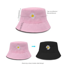 Bucket Hat, Print Bucket Hat Daisy Embroidery Summer Fisherman Hat Double-Side Ladies Bucket Sun Hat Foldable Fisherman Hat for Summer Hiking Camping Traveling Fishing A4-CJSMM (Black/Pink)