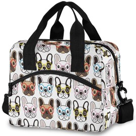 Oarencol Cute Animal Dog French Bulldog Glasses Insulated Lunch Tote Bag Reusable Cooler Lunch Box with Shoulder Strap for Work Picnic School Beach