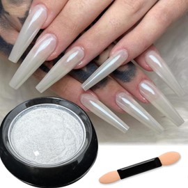 Holographic White Pearl Chrome Nail Powder Mirror Effect Metallic Nail Glitters Dust Sequins UV Gel Nail Chrome Powder Pigment for Nail Art Decoration, White Pearl Chrome Powder for Nails