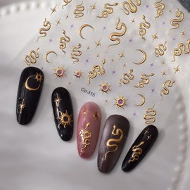 Gold Nail Stickers for Nail Art Snake Nail Art Stickers Sun Moon Nail Decals Self Adhesive 5D Embossed Nail Art Design Manicure Supplies Charm for Women Nail Art Decorations Accessories