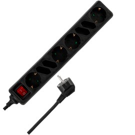 REV Ritter 0512344555 Power Strip with 4 Sockets, 4 way, round, flat and Child Safety Chain-Black, 1.4 m