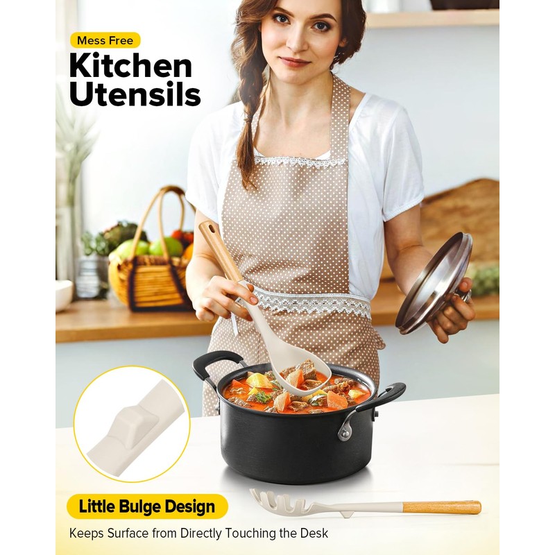 Silicone Soup Ladle and Spaghetti Spoon Set with Wooden Handle,