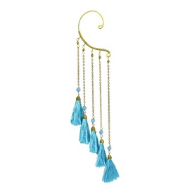 Trendy Multi Sky Blue Tassel Brass Chain Statement Ear Cuff Earrings