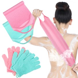 4 Paquetes Juego de 2 Pares Guantes Exfoliantes de Baño 2 Depuradores de Espalda de Nailon Depurador Corporal Exfoliante Toallita con Correa de Ducha (Rosa, Azul Claro, Verde, Estilo Dedo)
