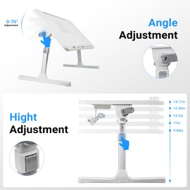iXTRA Laptop Lap Desk with Cooling Fan - Adjustable with Light, USB, Storage Drawer - Folding Bed Desk,22.04"*12.59",White