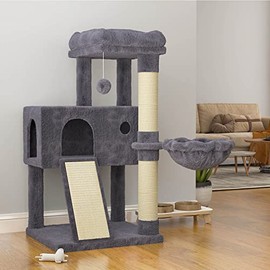 SHA CERLIN 36" Cat Tree with Cat Hammock, Multi-Level Cat Condo with Scratch Post, Ramp and Top Perch, Soft Plush for Kittens, Dark Blue