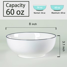 Yuanlity 60 oz Large Soup bowl,8'' Big Ramen bowls, Pho, Noodle, and Salad Bowl，Set of 3, White Ceramic Bowls, Versatile & Microwave Safe