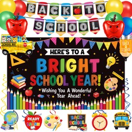 Back to School Decorations, First Day of School Decorations Supplies with Banner, Backdrop, Apple School Bus Pencil Foil Balloons, Hanging Swirls for Classroom, Kindergarten, Teacher Office, School Party Decor