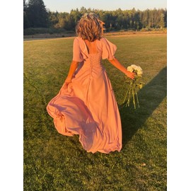 YOFF Short Sleeves Bridesmaid Dresses with Slit Dusty Blue V-Neck Pleated Chiffon Formal Party Gowns Long for Women with Pockets US6