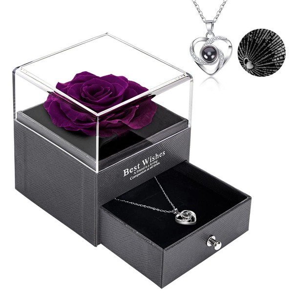 POYET Preserved Rose with I Love You Necklace Gifts for Her Eternal Real Rose Gifts Box for Girlfriend Wife Mom Grandma on Mothers Day Valentines Anniversary Christmas Birthday Gifts (Purple)