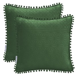 AmeliaHome Meadore 2 Cushion Covers with Pompoms Double-Sided Ultrasonic Quilting 45 x 45 cm Dark Green