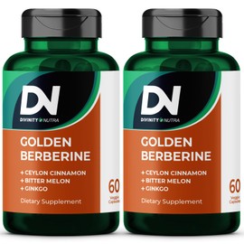 Divinity Nutra Golden Berberine Supplement with Bitter Melon, Ginkgo Biloba and Ceylon Cinnamon, Vegan, Made in USA Berberine Capsules for Women and Men 2 Bottles, 60 Capsules Each