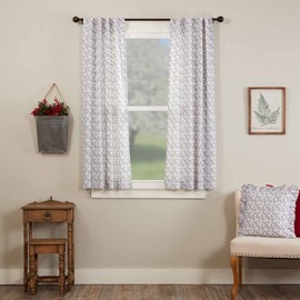 Twilight Floral Short Panel Curtains, Gray & White w/Touch of Red Mini Flower Print, Set of 2, 63" L x 36" W