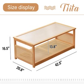 Tiita Coffee Tables for Living Room，Mid Century Modern Storage 2-Tier Coffee Tables，Rattan Glass RectangleTables，Suitable for Living Room Apartment，Wood