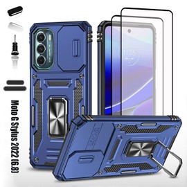 LMDAMZ Heavy Duty Case for Motorola Moto G Stylus 2022, Military Grade Dual Layer Hybrid Cushioning Rubber Bumper Protector with Slide Camera Protector, Built-in 360 Degree Swivel Stand -Blue