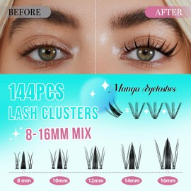Manga Style Fairy Lash Clusters 144pcs DIY Individual Lash Clusters Natural for Eyelash Extensions Manga Lashes Wispy with Invisible Band(8-16mm-Mixed)